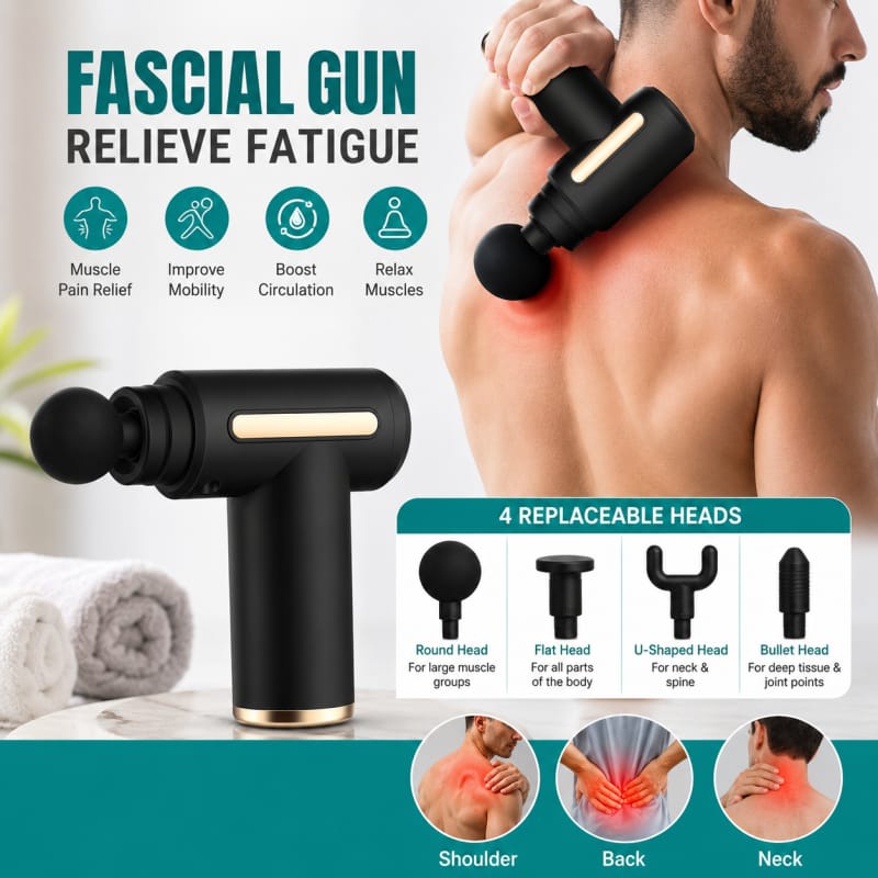 Deep Tissue Massage Gun - Portable Percussion Muscle Massager with 4 Heads