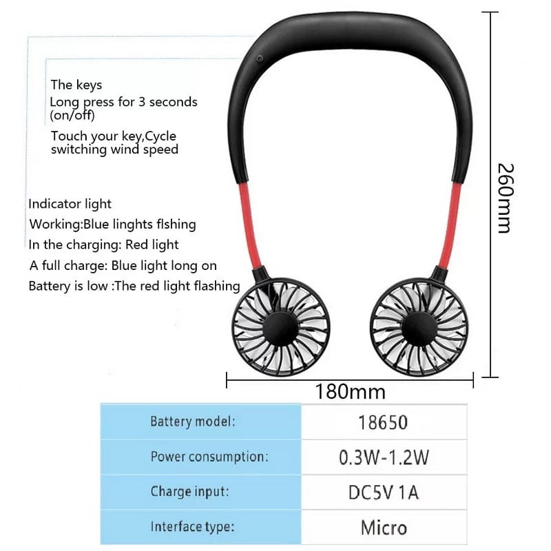 Portable Hands-Free Neck Fan - USB Rechargeable 360° Cooling Fan